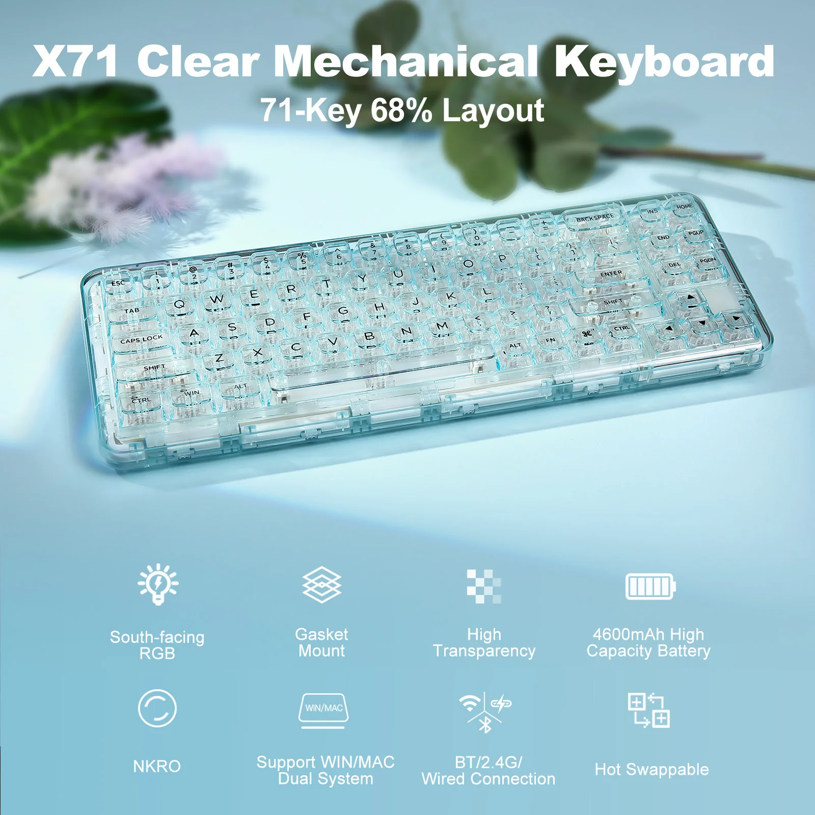 YUNZII X71 Cyan 68% Layout Wireless BT/2.4G/USB-C Gasket Hot-Swap Transparent RGB Mechanical Gaming Keyboard with Clear Keycaps