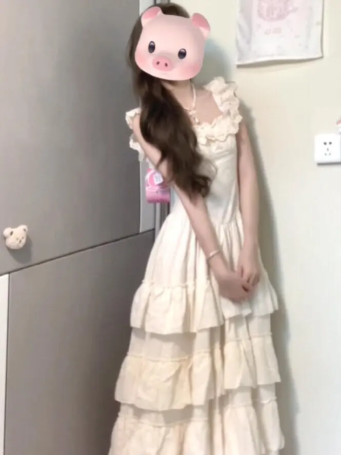 Vestido de Verão Princesa para Férias na Praia, Lindo, Cor Pura, Manga Borboleta, Saia em Camadas, Roupa Fena Estilo ...