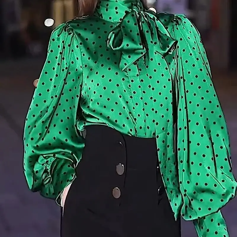 Fashion Scarf Collar Lace Up Bow Polka Dot Blouses Women Clothing 2024 Autumn Winter New Office Lady Tops Lantern Sleeve Shirts