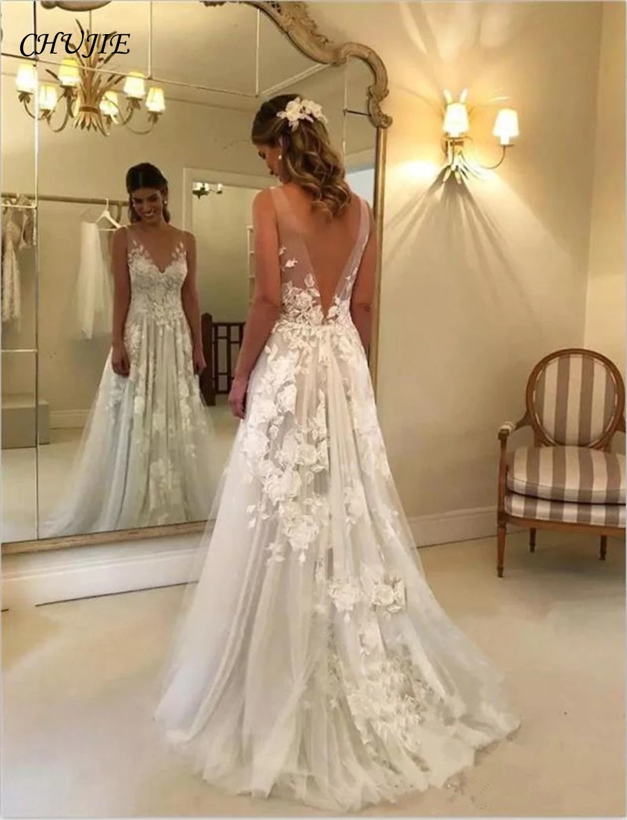 V Neck Wedding Dress Bride Robe Sleeveless Lace Applique A Line Backless Bridal Gown robe de soirée de mariage Vestido de novia