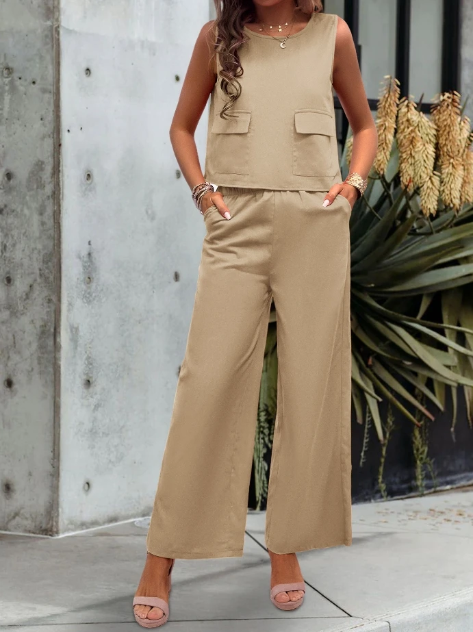 Casual Solid Color Round Neck Sleeveless Vest with Pockets High Waist Wide Leg Pants, Fashionable Versatile Pants Set for Women