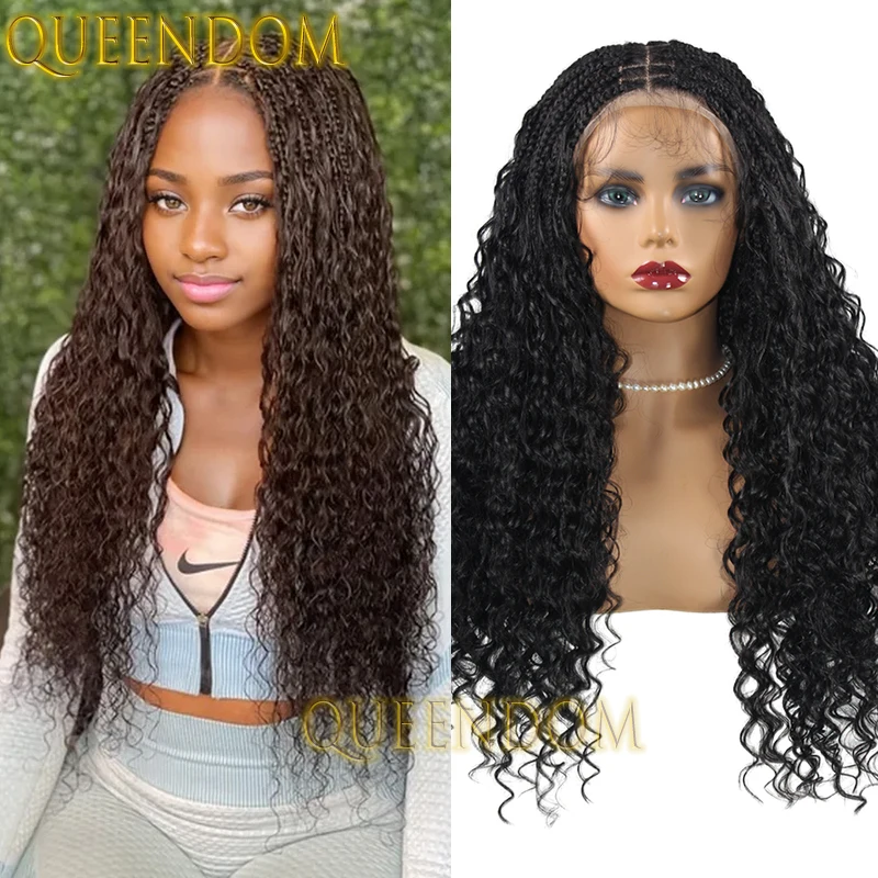 Synthetic Full Lace Box Braid Wig 24 Inch Deep Wave Crochet Bohemia Braids Wig Knotless Cornrow Plait Braided Wig With Curly End