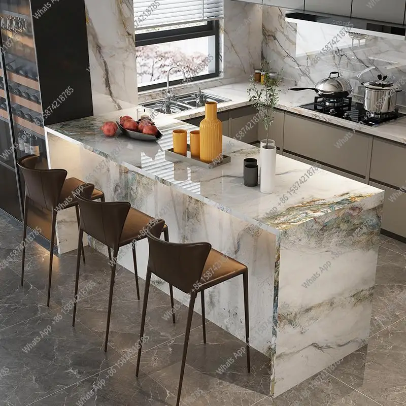 

Stone Center Island with Dining Table, Custom Breakfast Bar for Open Kitchen, Stain Resistant & High Hardness, Modern Design