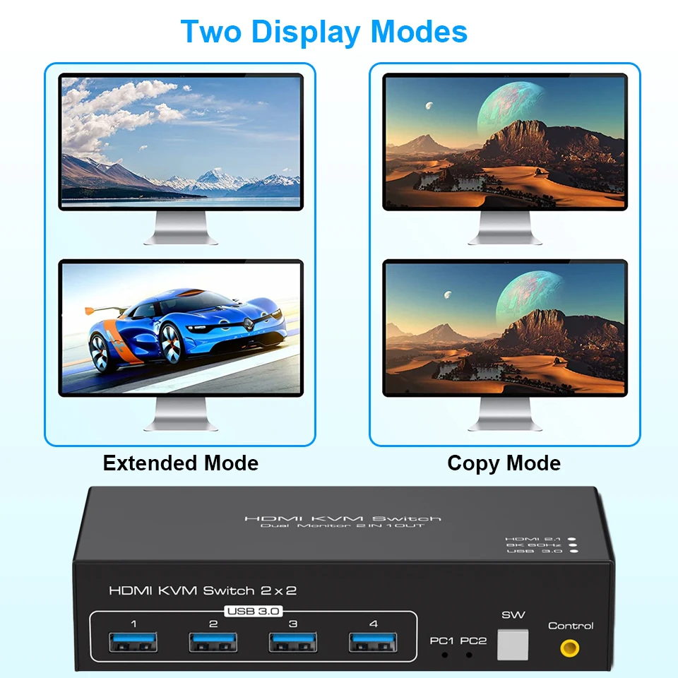 Navceker HDMI-compatible KVM Switch 8K 60Hz 2 Port Dual 2 Monitors 2 Computers 4K 120Hz USB 3.0 KVM Switch KVM Switcher HDMI 2.1