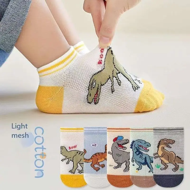 5 Pairs of Children\'s Socks Spring and Summer Mesh Thin Style Cartoon Dinosaur Boat Socks Breathable Boy Students Fashionable