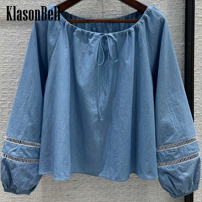 

5.28 KlasonBell New Adjustable Drawstring Slash-neck Denim Blue Blouse Temperament Off-shoulder Lantern Sleeve Shirt Women