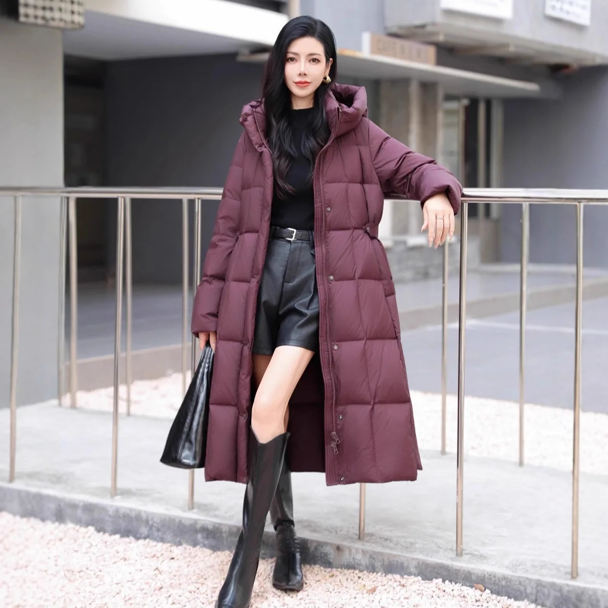 

New Women's Hooded White Duck Down Jacket with Belted Autumn/Winter Over Knee Length Parka Long Loose Fashion Trendy Coat