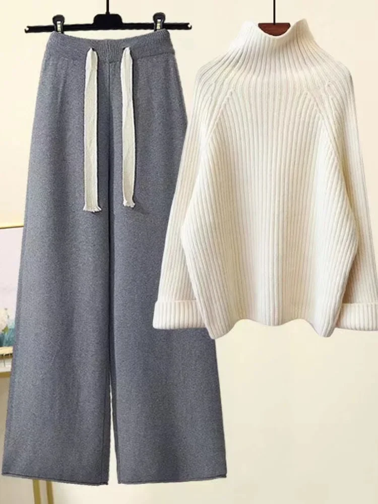 

Winter Warm Knitwears Sets for Women Turtleneck Long Sleeve Pullover Sweater+high Waist Wide Leg Drawstring Knitted Pants Sets