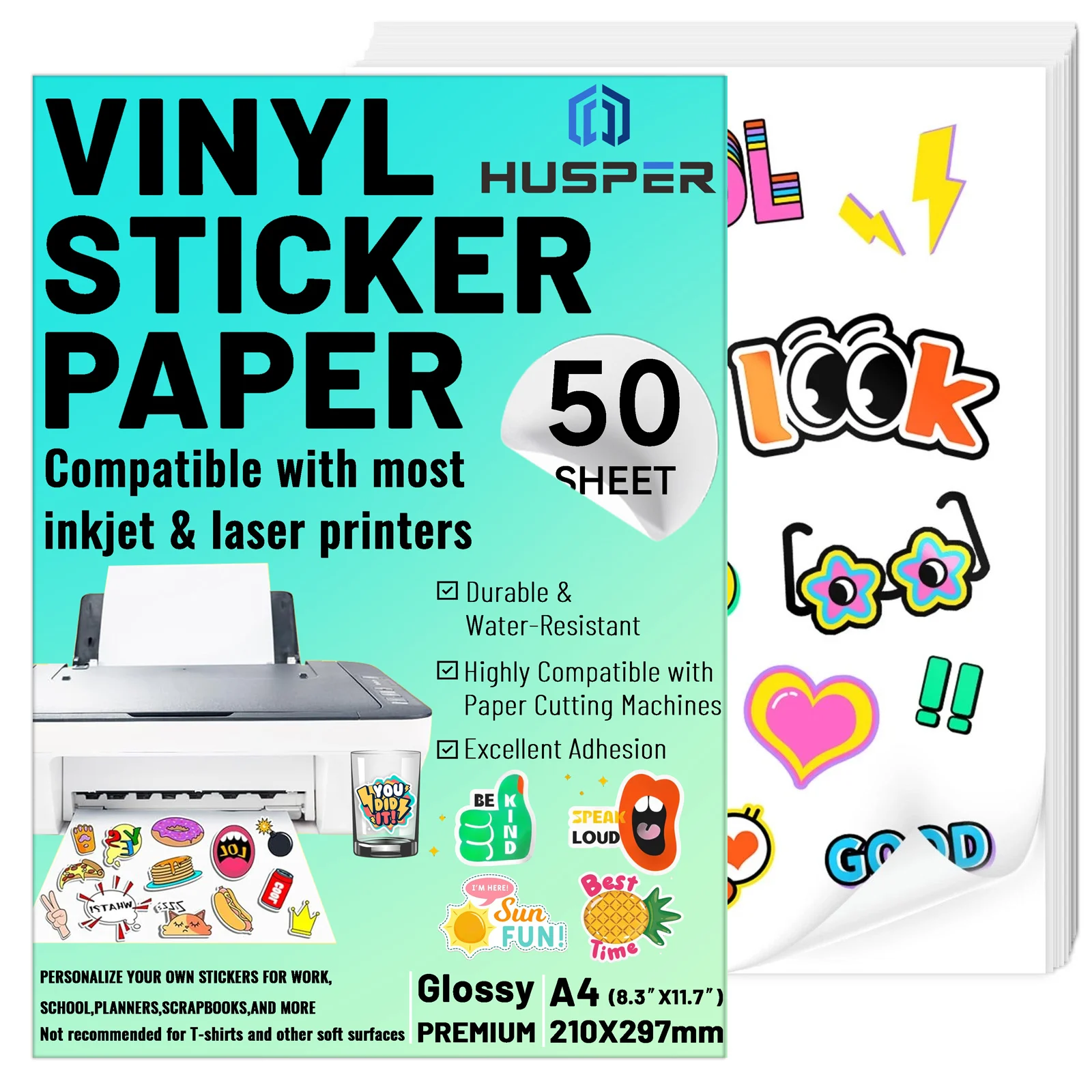 50 Sheets Printable Vinyl Sticker Paper for Printer A4, Glossy White Water Resistant Self-Adhesive Full Page for Inkjet Printers
