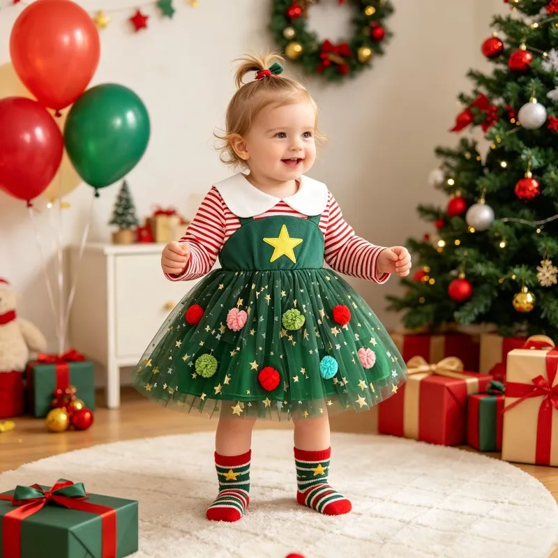 Newborn Baby Girl Christmas Tutu Dress Outfit Long Sleeve Striped Shirt with Green Star Pom Pom Mesh Skirt Xmas Party Clothes
