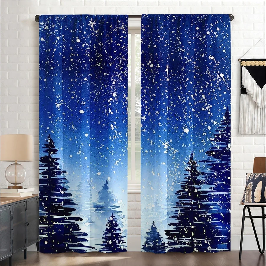Blue Night Sky Forest Window Curtains Waterproof Light Filtering Curtain Panels for Bedroom Living Room Decor