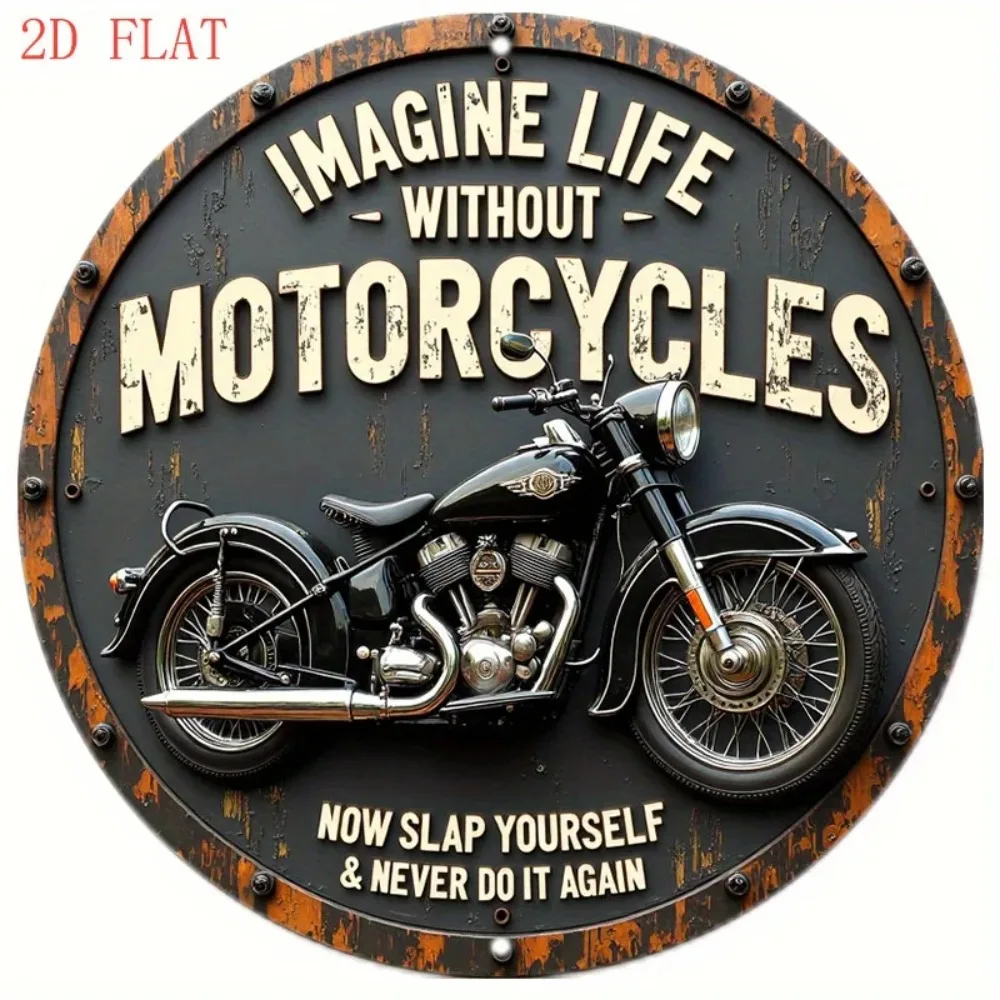 8 Inch Vintage Motorcycle Wall Sign - Round Aluminum Rustic Art with Inspirational Quote