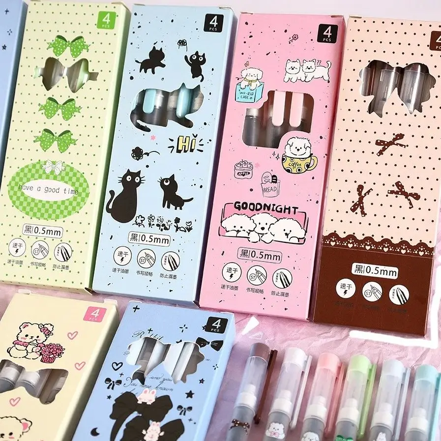

4Pcs/Lot Cute Cartoon Straight Liquid Type Ball Pens 0.5mm Black Drawing Gel Pen Signature Pen Student School Office Supplies