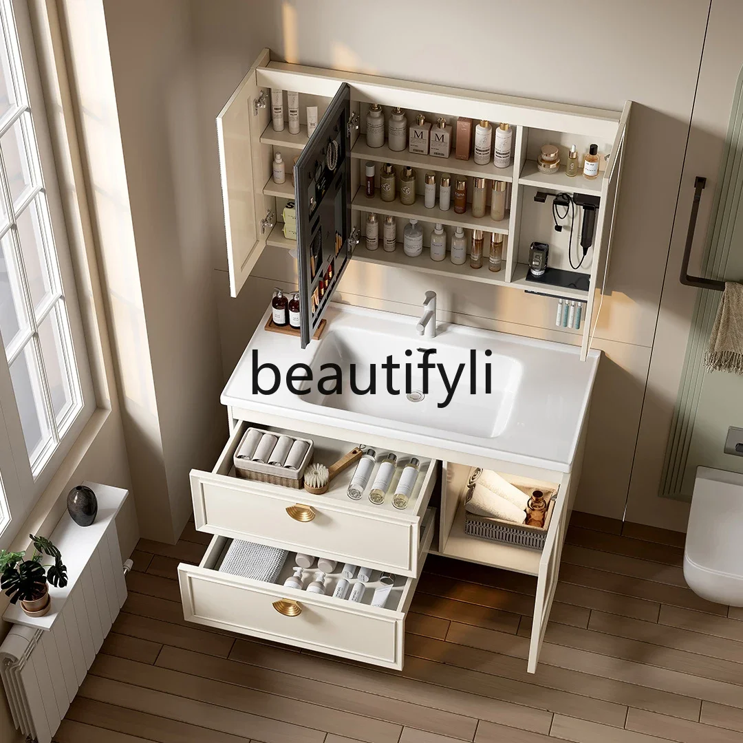 cream wind bathroom cabinet combination rock slab ceramic seamless basin washbasin bathroom cabinet washstand