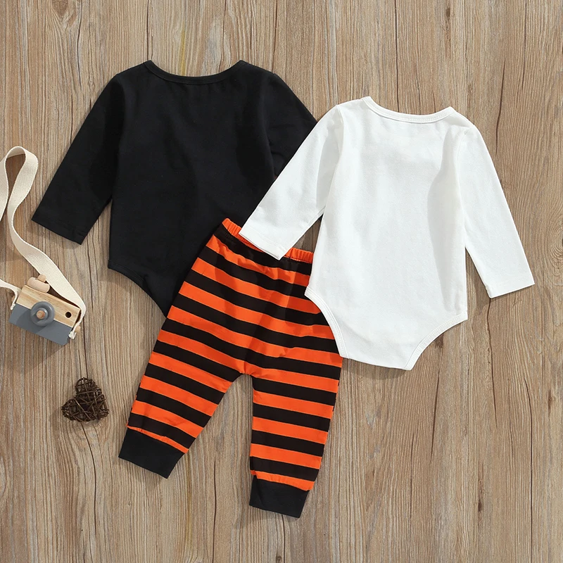 2022-07-05 Lioraitiin 0-12M Infant Baby Boy 3Pcs Halloween Clothing 2 Bodysuit Top Striped Printed Pants