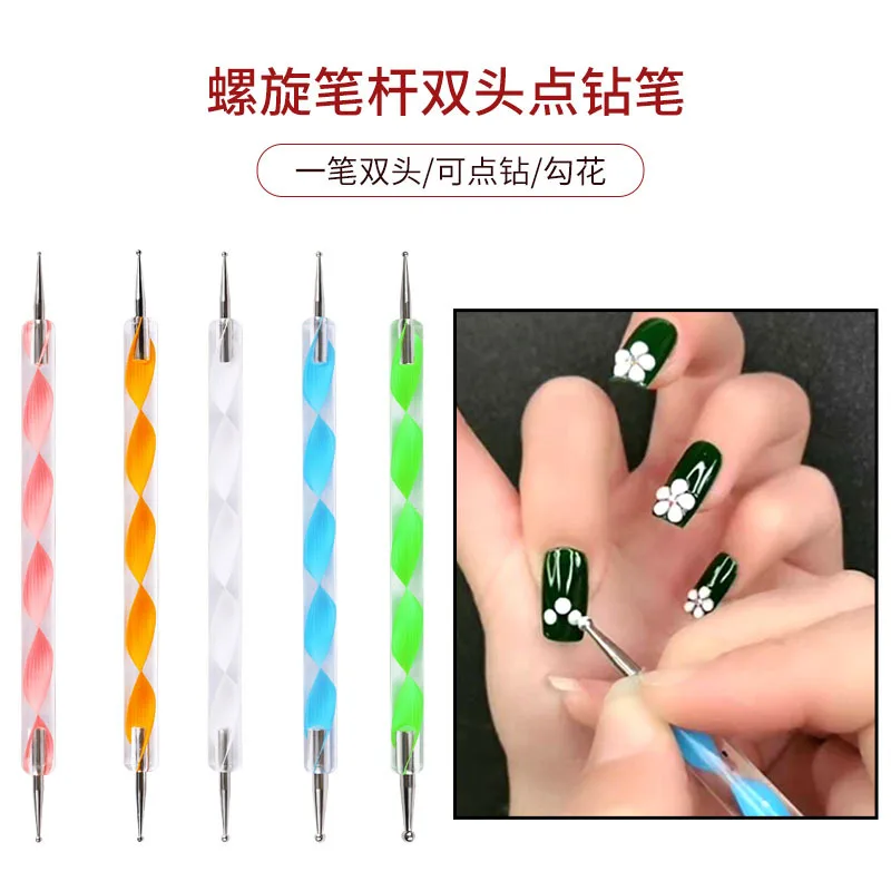 5pcs Double-ended Nail Dotting Pen Rhinestones Drill Picker UV Gel Painting Liner Nail Art Acrylic Handle 2 Ways Manicure Tools