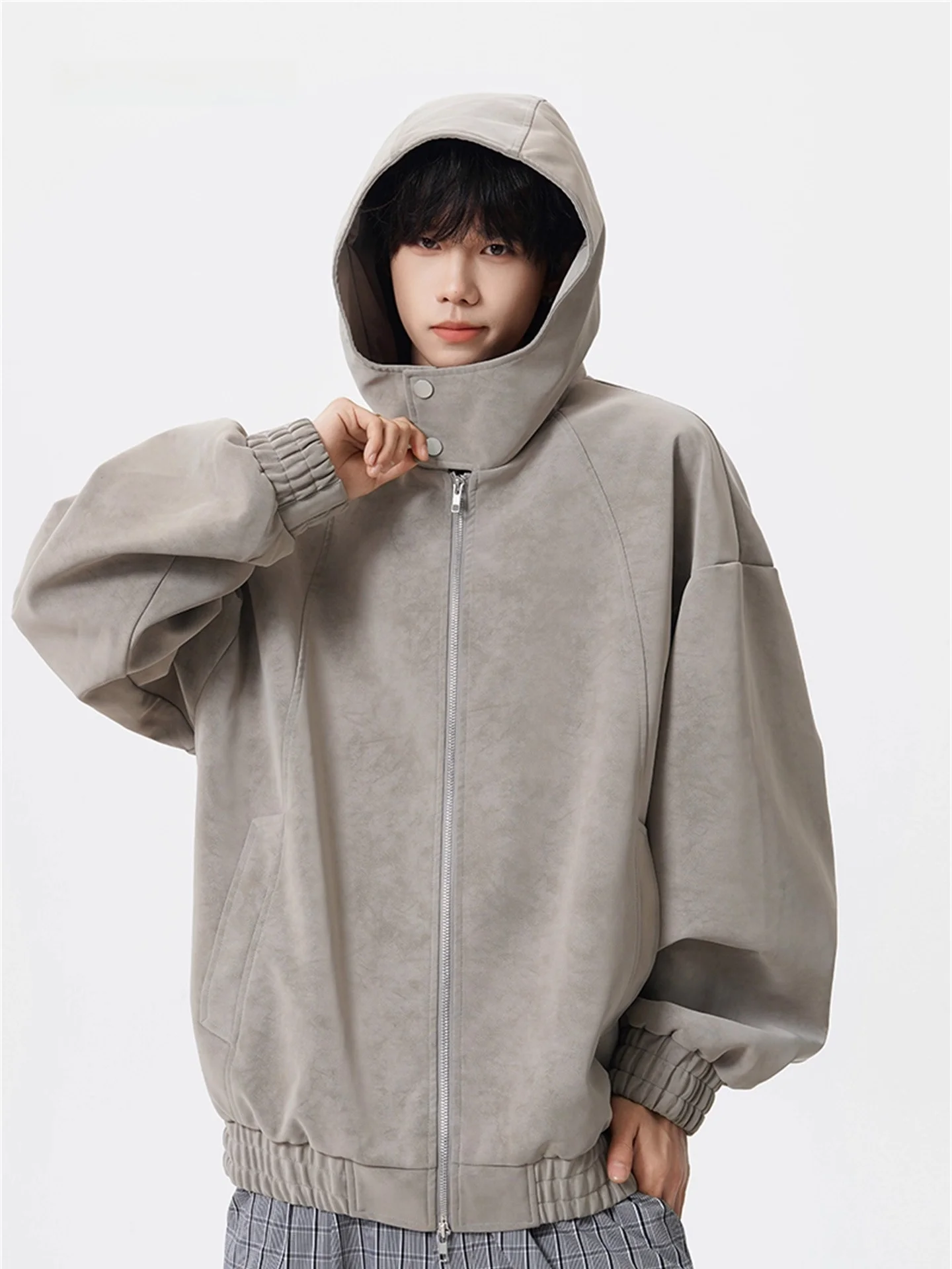 

JDR STREET American Retro Casual Sport Jaet Loose Fit Men's Workwear Leather Coat Spring Autumn Zipper Closure Hooded