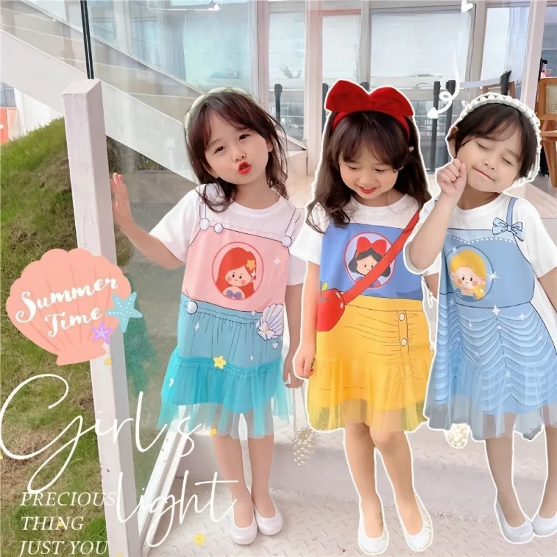 

Summer New Snow White Dress Dreamy Fake Two Piece Mesh Baby Girl Dress Cartoon Dress Short Sleeve T-shirt Dress Casual Dress