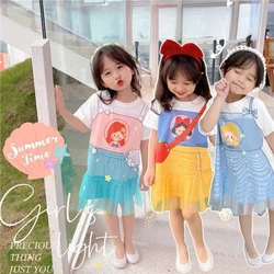 Summer New Snow White Dress Dreamy Fake Two Piece Mesh Baby Girl Dress Cartoon Dress Short Sleeve T-shirt Dress Casual Dress