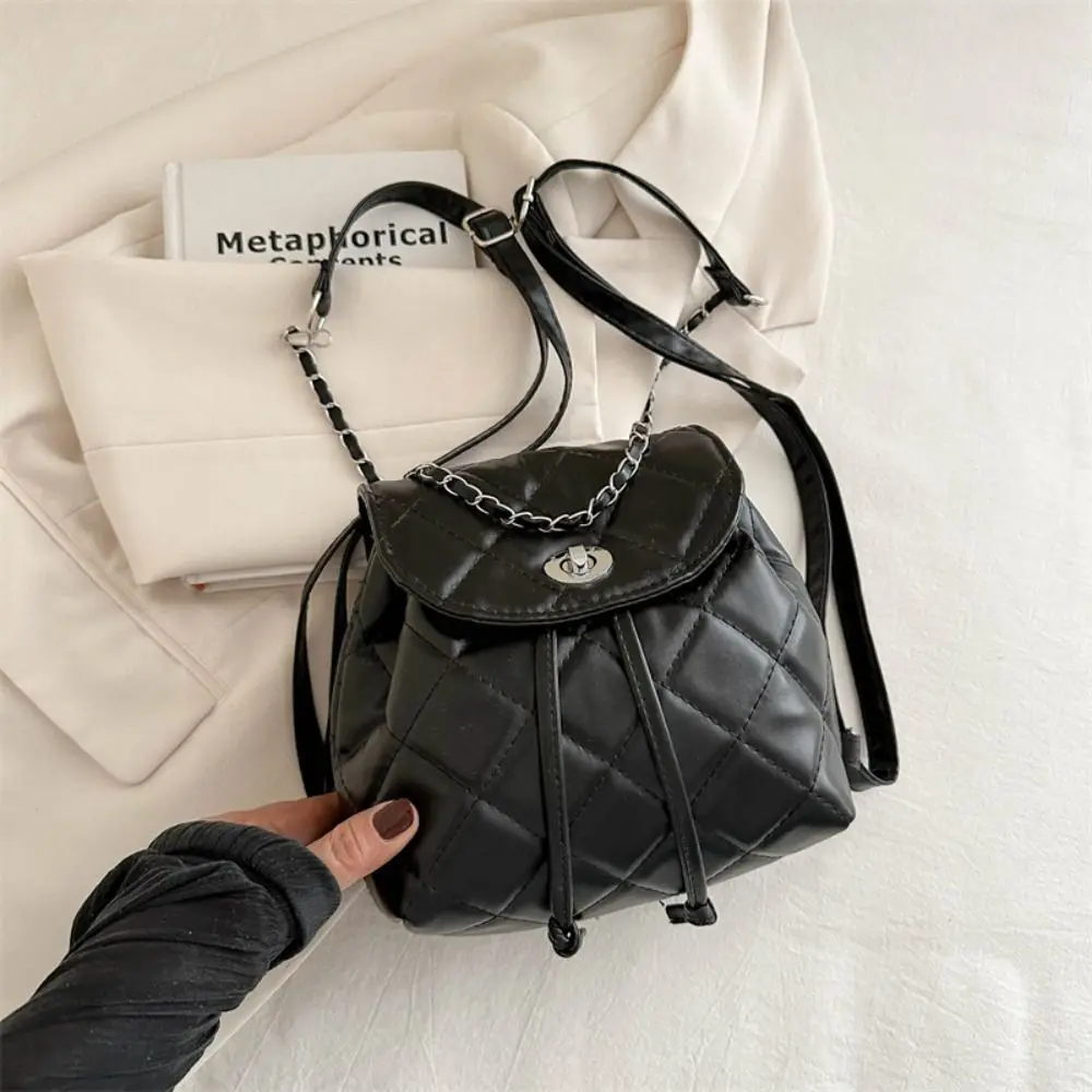 

Cute Small Backpack Large Capacity Pu Leather Rhombic Lattice Chain Shoulder Bag Travel Backpack Handbag Pu Bucket Bag Students