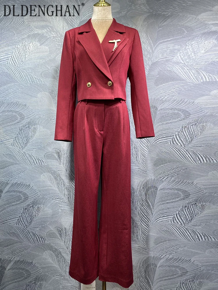 DLDENGHAN Women's Turn-Down Collar Long Sleeves Brooches Short Tops + Long Pants Office Lady 2-Piece Set Autumn Fashion Female