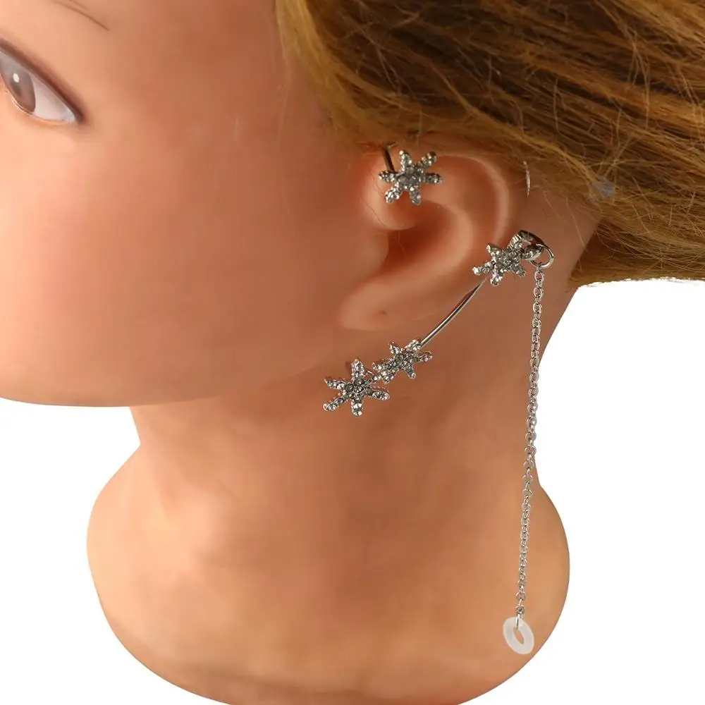 スノーフレークラインストーンバタフライイヤーフック、イヤーハンギングチェーン、アンチロストイヤーデコレーション、保護、合金、1ペア