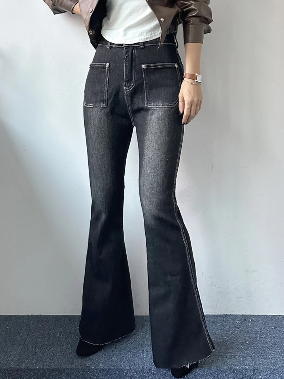 

Retro High Waist Bell Bottom Jeans Women's Washed Pocket Slimming Wearable Distressed Long Trousers Fashionable Denim Jeans