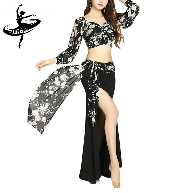 Conjunto de Vestido de Dança do Ventre para Mulheres, Top com Decote em V e Saia com Fenda, Traje de Prática e Treinamento, Vestuário de Dança Moderna Sexy para Performance em Salão de Baile