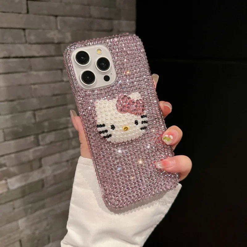 Cute Cartoon Sanrio Hello Kitty Handmade Flashing Diamond Mobile Phone Case for IPhone 16 15 14 13 12 11Pro Max Phone Case Funda