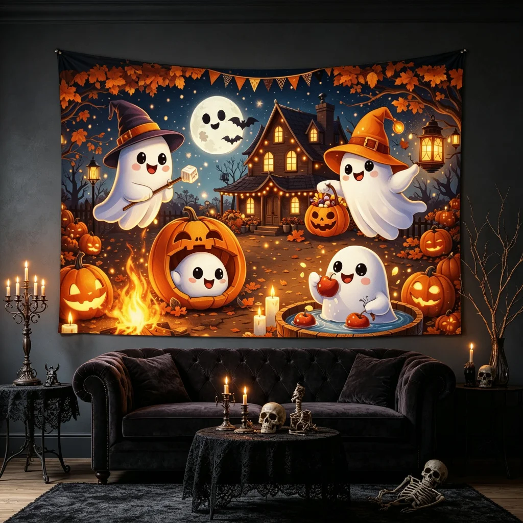 1PC Ghost Broom Pumpkin Candy Halloween Print Backdrop Banner, Bedroom Photo Background, Polyester, Halloween Party Decoration