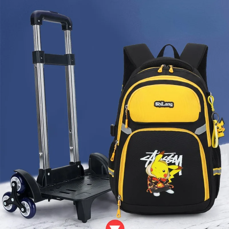 MINISO Pokemon Anime Cartoon Two-Wheel/Six-Wheel Trolley Schoolbag Boys and Girls Trolley Backpack Can Be Carried and Climbed