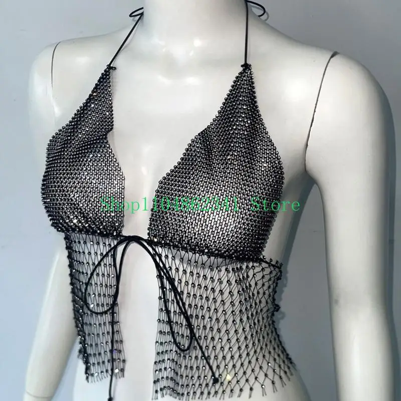 5asd Women's Halters See Through Camisole Tassels Rhinestones Crop Top Top for Raves Night Out Party Clubwears