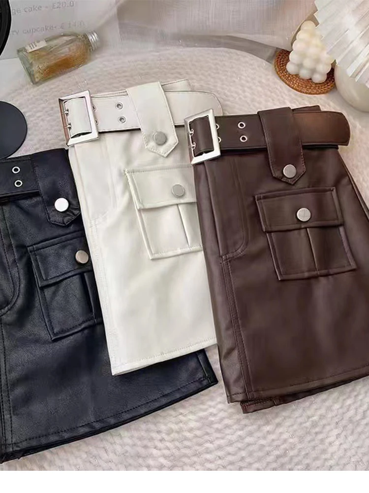 

Спецодежда Spicy Girl, короткая юбка из искусственной кожи, женская осенне-зимняя юбка с запахом и карманами, облегающая юбка А-силуэта 2025 г.