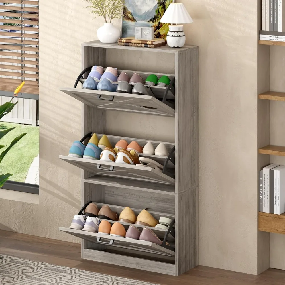 

Shoe Storage Cabinet for Entryway,24 Slim Shoe Organizer with 3 Flip Drawers, Narrow Shoe Rack Cabinet, Farmhouse Hidde