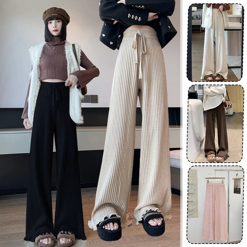 

Широкие брюки с высокой талией, осенне-зимний дизайн, плиссированные повседневные брюки с текстурой в полоску, расклешенные брюки с кружевной отделкой