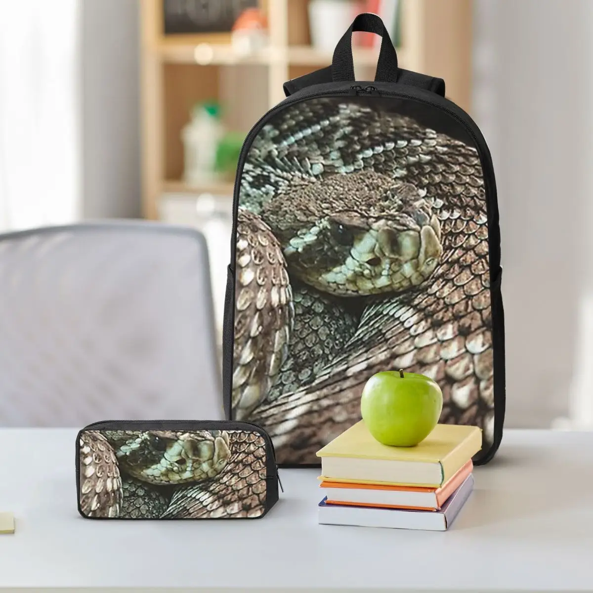 Snake, Coiled Diamondback Rattlesnake Backpack Student BookBag School Bag Shoulder Bags 3ps Insulated Lunch Bag Pencil Case