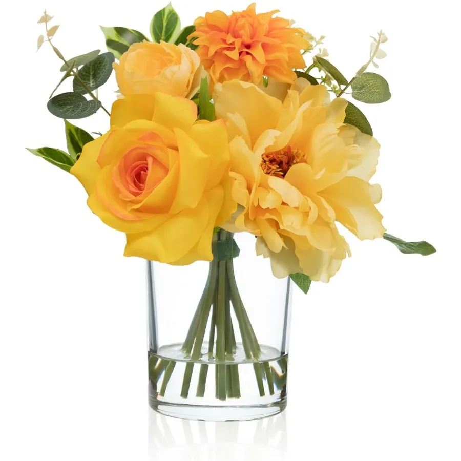 

Искусственные цветы в стеклянной вазоне с искусственной водой, шелковый пион, букет цветов розы для дома, обеденный чайный столик, офисный рабочий стол, отель