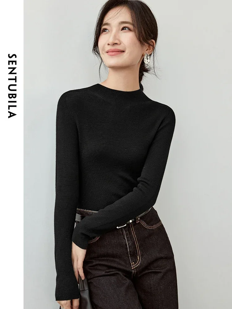 SENTUBILA Women 100% Wool Knitted Pullovers   2024 Autumn Slim Fit Half High Collar Solid Basic Comt  Tops W43H56229