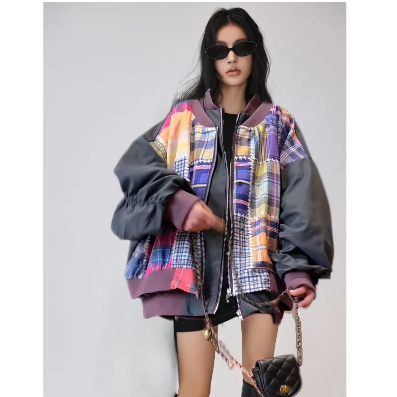 Korean Version Loose Contrasting Color Splicing Blue Baseball Jacket Women's Popular Stand-up Collar 2025 Spring Autumn Coat Top