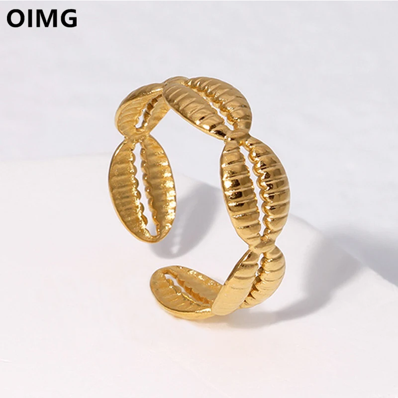 OIMG 316L Stainless Steel Gold Silver Color Hiphop Punk Metal Shell Shaped Adjustable Open Ring For Women Bohemian Rust-Proof