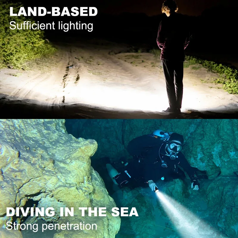 AL-Alloy 100M Waterproof LED Flashlight XHP70 Dive Torch 6000 Lumen Stepless Dimming IPX8 Underwater Diving Lantern 26650 Lamp