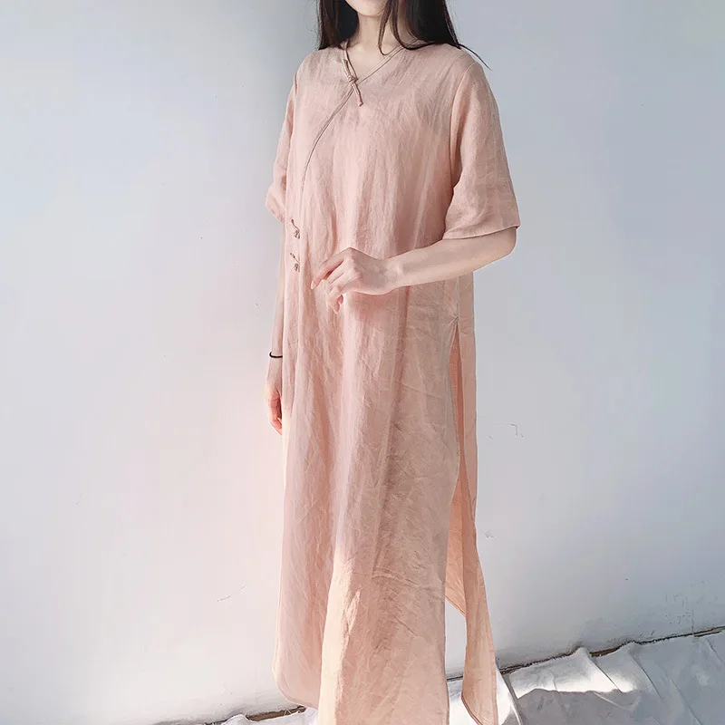 Women Vintage V Neck Vintage Ramie Half Sleeve Dress Chinese Style Button 2024 Ramie Summer New Femme High Quality A-Line Dress