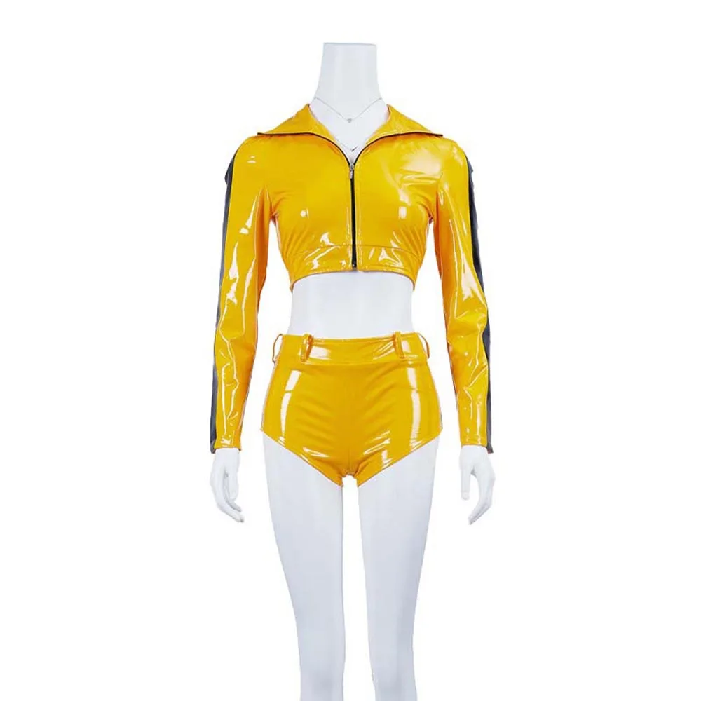 Movie Kill Bill Cosplay Costume Yellow Sexy Top Shorts The Bride Beatrix Kiddo Cosplay Tight Navel Exposed Leather Jacket Women