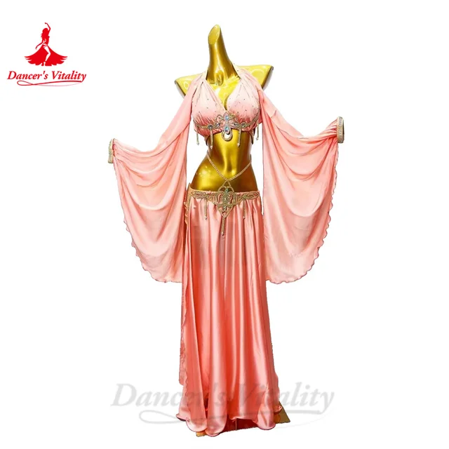 Zestaw kostiumów do tańca brzucha dla kobiet biustonosz + satynowa długa spódnica z rozcięciem 2 szt. Niestandardowe dorosłe dzieci orientalny strój Bellydance