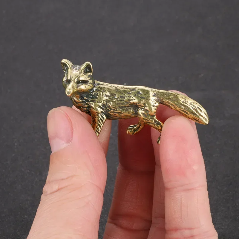 Mini Solid Brass Fox Statue Vintage Simulated Animal Statue Tea Pet Crafts Retro Home Office Desk Decor Ornament Toy Gifts