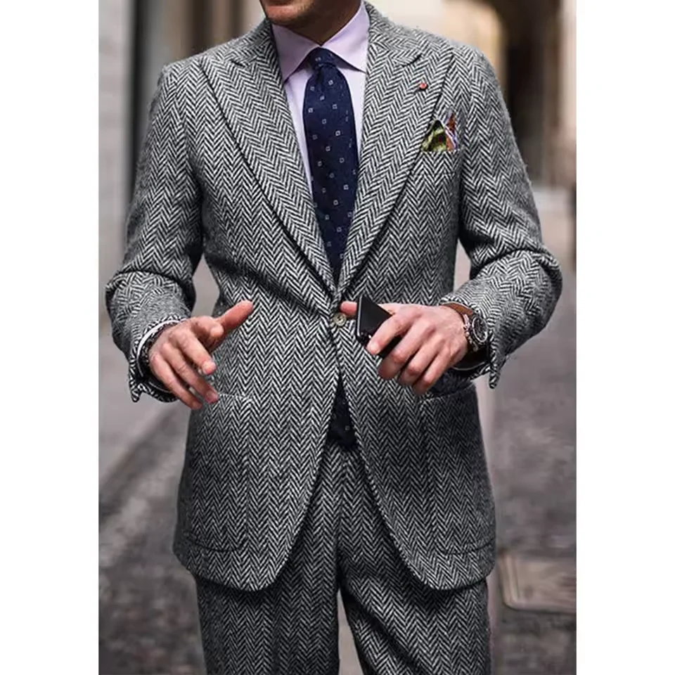 

Men's Herringbone Two-Piece Suit Notch Lapel Single-Breasted Slim Fit Comfortable Waist Casual Elegant Business Suit Set Formal