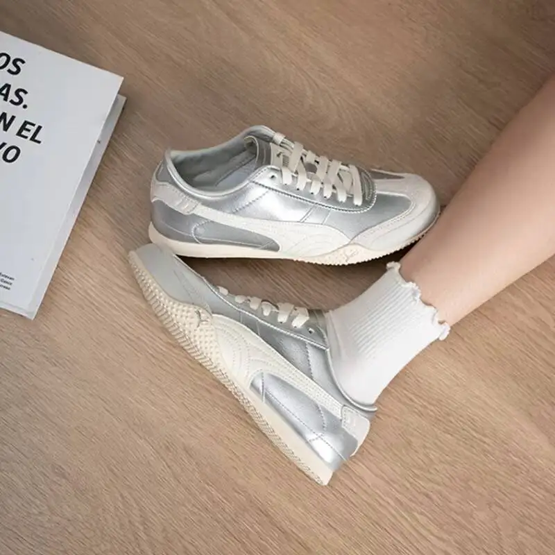 Metallic Silver Puma Retro Racing Shoes Men Women Off White Logo Light Serrated Sole Y2K Minimalist Daily Casual Trainers