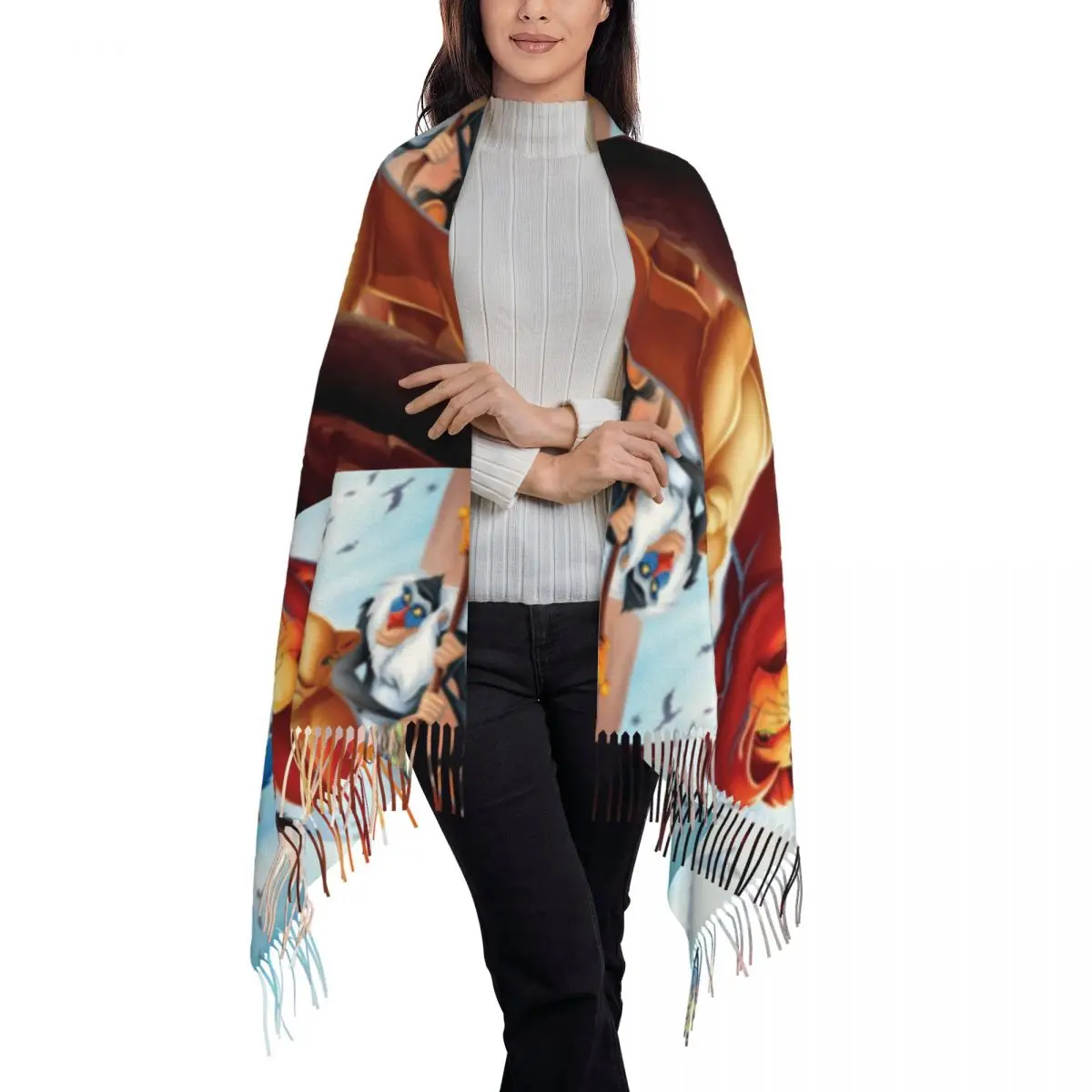 Custom Lady Large The Lion King Simba Scarves Women Winter Fall Thick Warm Tassel Shawl Wrap Hakuna Matata Anime Movie Scarf