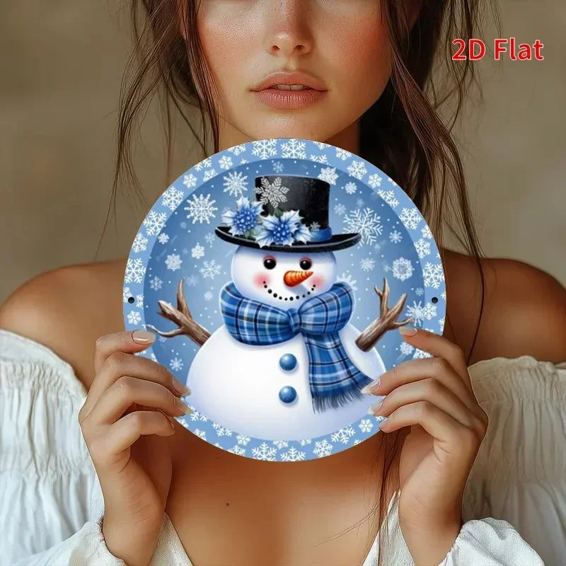 مسطح ثنائي الأبعاد، طباعة مسطحة ثنائية الأبعاد، لوحة فنية جدارية معدنية ملهمة عتيقة - رجل ثلج شتوي أزرق مع قبعة ووشاح زهور #3