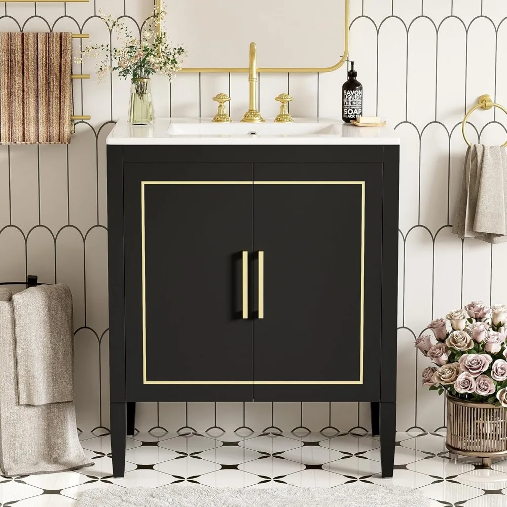 

30'' Bathroom Vanity with Sink, Single Bathroom Sink Cabinet with Ceramic Basin, Freestanding Bathroom Vanities with Soft Close